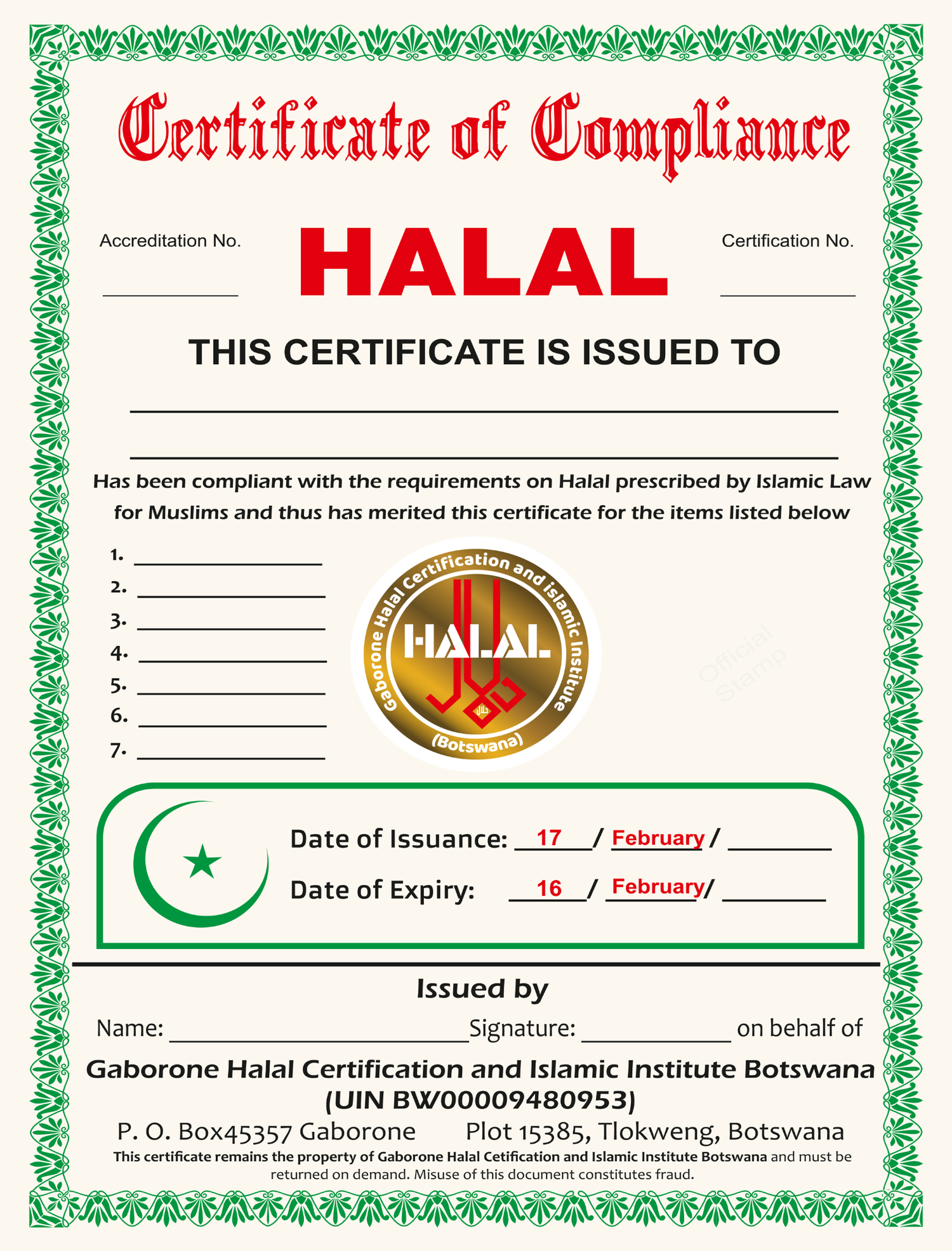 Halal certificate preview